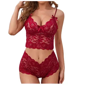 Sexy Lingerie Set - See-through Lace Camisole, Adjustable Bandeau, Three-Piece in Polyester for Stylish & Comfortable Wear