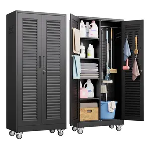 Aobabo Metal Broom Closet Storage Cabinet with Wheels and Pegboards HeavyDuty Metal Cleaning & Garage Storage Cabinet with Rolling Wheels, Adjustable Shelves, Pegboards & Hooks, Dual Door Organizer for Garage, Laundry & Home Room, Assembly Required, Black