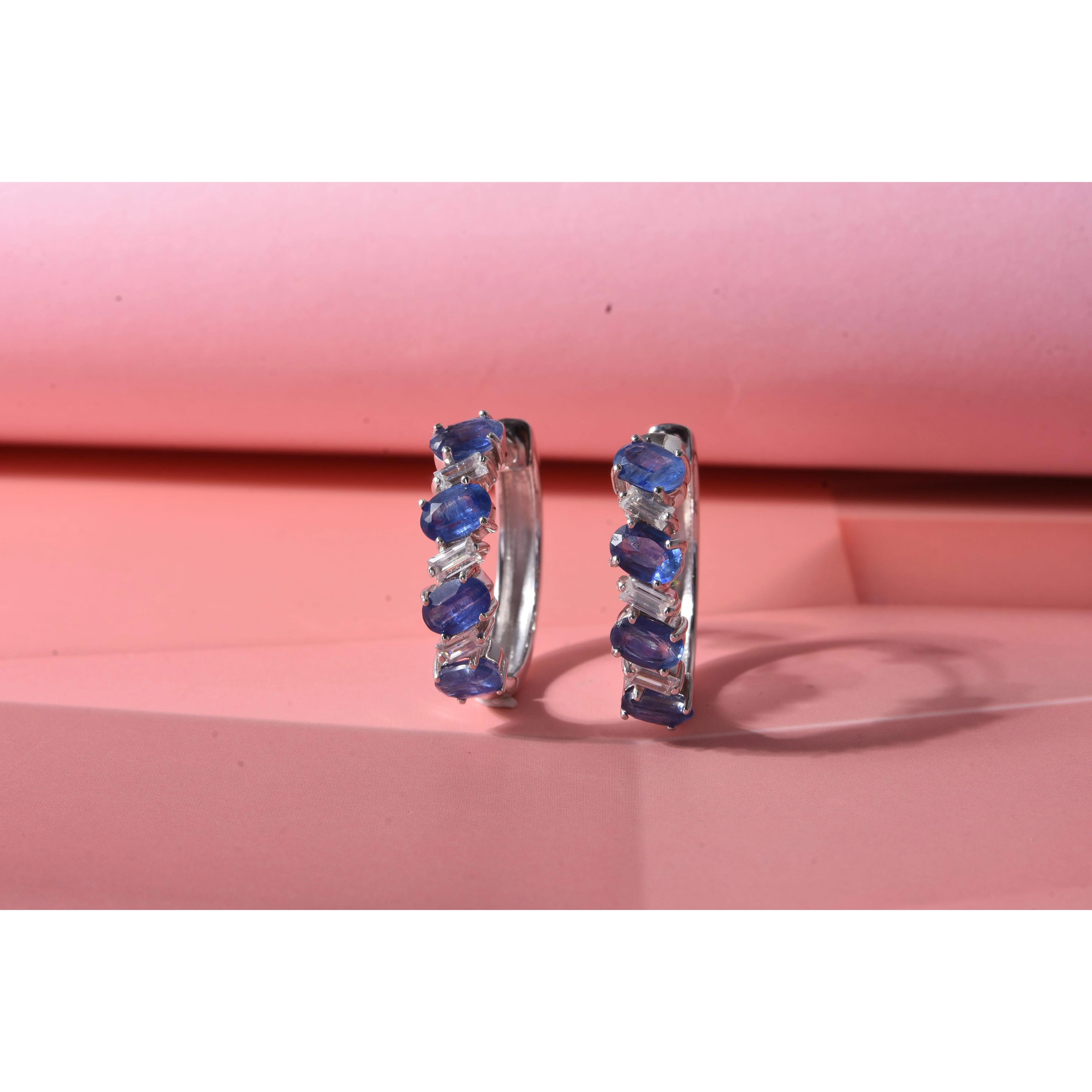 D'Joy Premium Kashmir Kyanite, Moissanite Blue Majesty Hoop Earrings in Rhodium Over Sterling Silver 5.75 ctw