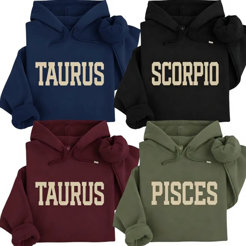 [Full 12 Zodiac] Minimalist Zodiac Graphic Hoodie – Astrology Sign Crewneck for Men and Women, Cozy Horoscope Pullover with Bold College Letter Design, Perfect Gift for Zodiac Lovers