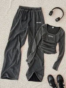 Teen Girls Fashion Distressed Tight Fit New York Embroidered Halter Romper and College Casual Vintage Streetwear Long Pants Set