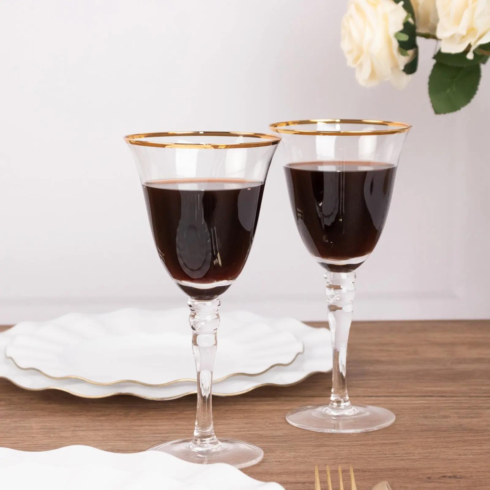 6-Pack Vintage Embossed Goblets Crystal Glassware - Handblown Crystal, Gold-Rimmed, Long Beaded Stem, 9oz 8" Premium Drinking Glasses for Water & Drinks