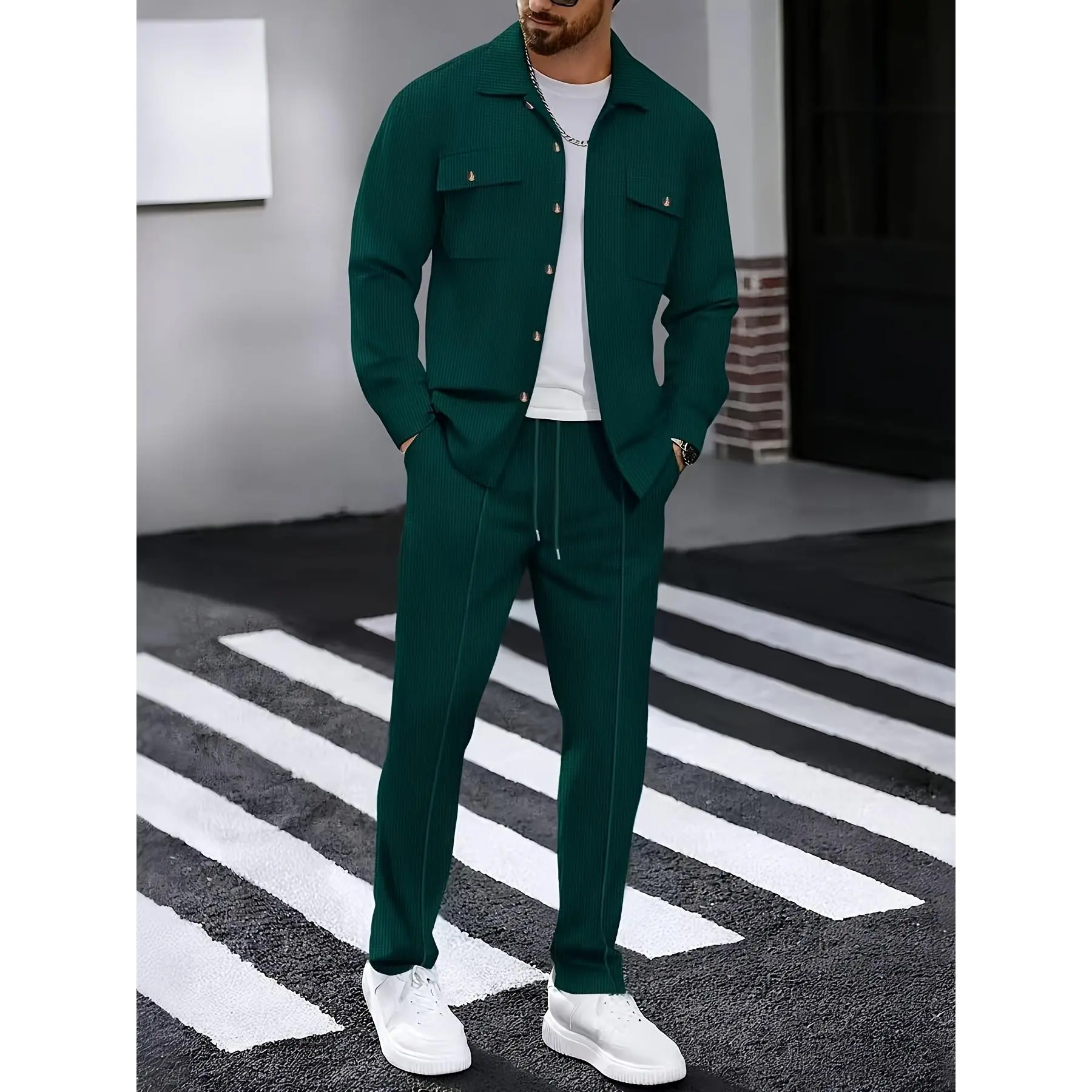 [Smart Green Outfit] Men's Casual Smart Green Waffle Knit Two Piece Set |   Pocket Shirt Jacket And Drawstring Trousers Outfit cozy men