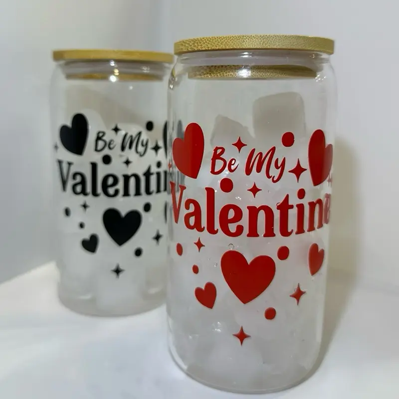 16oz V-Day Glass Cup - Be My Valentine Themed Drinkware with Black and Red Heart Design - Tumblers