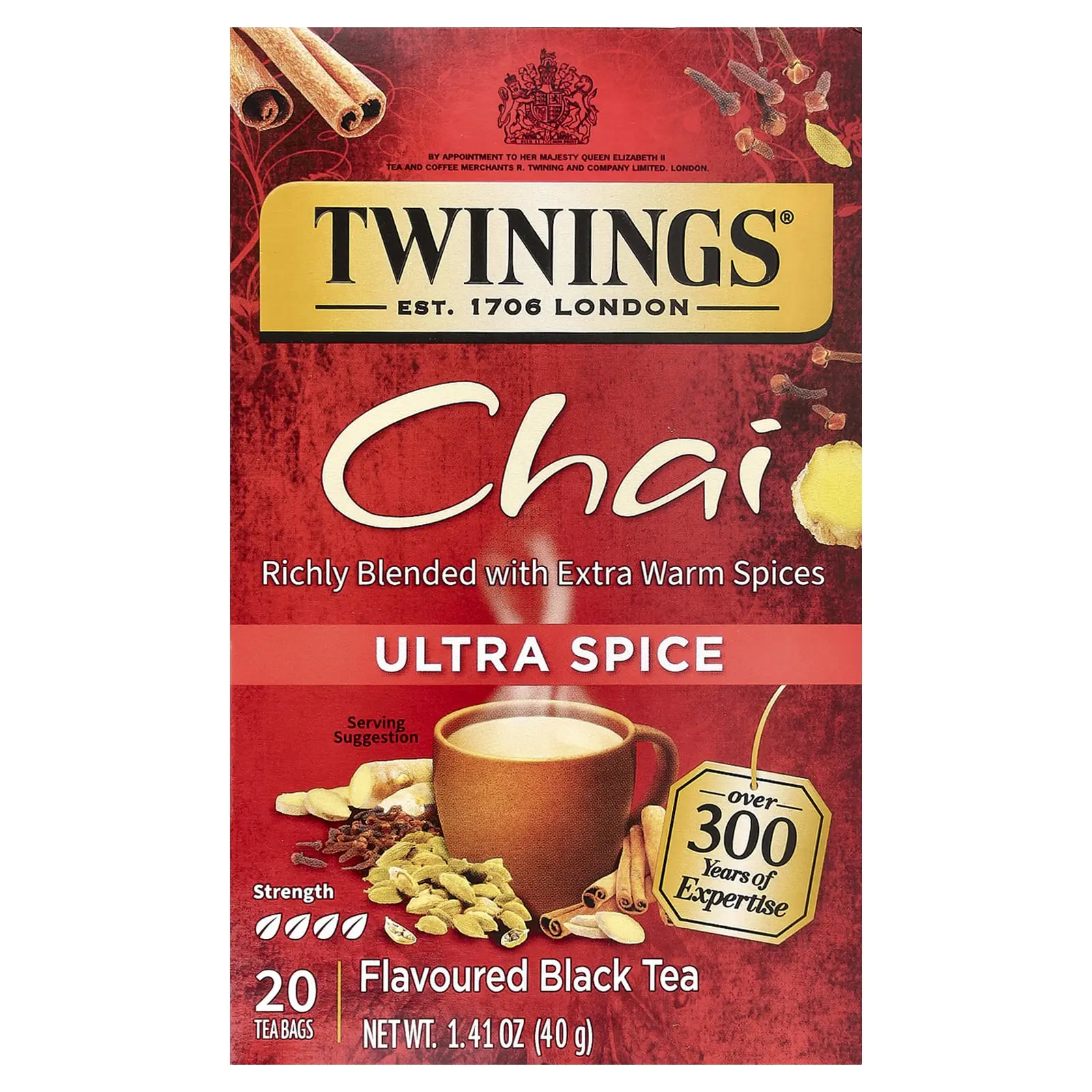 Twinings Flavored Black Tea, Chai, Ultra Spice , 20 Tea Bags, 1.41 oz (40 g)