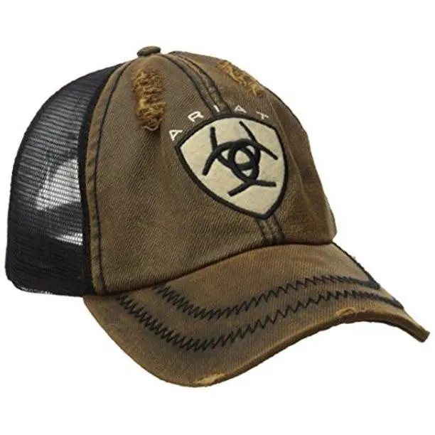 Ariat Unisex Baseball Cap Oilskin Logo Distressed Brown & Black Mesh Back Snapback Patch Cap Hats