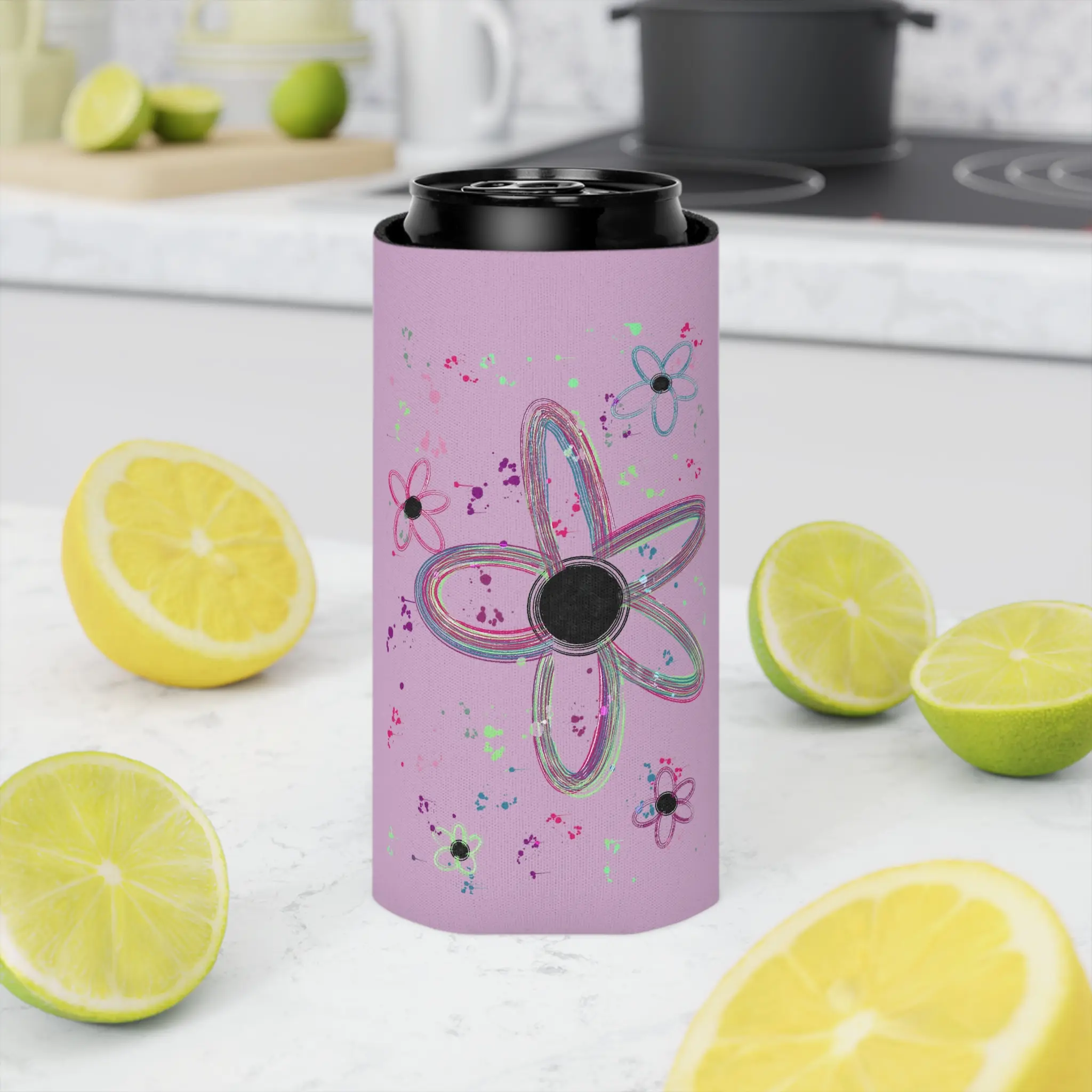 Whimsical Flower Doodle Can Cooler | Pink Floral Can Cooler