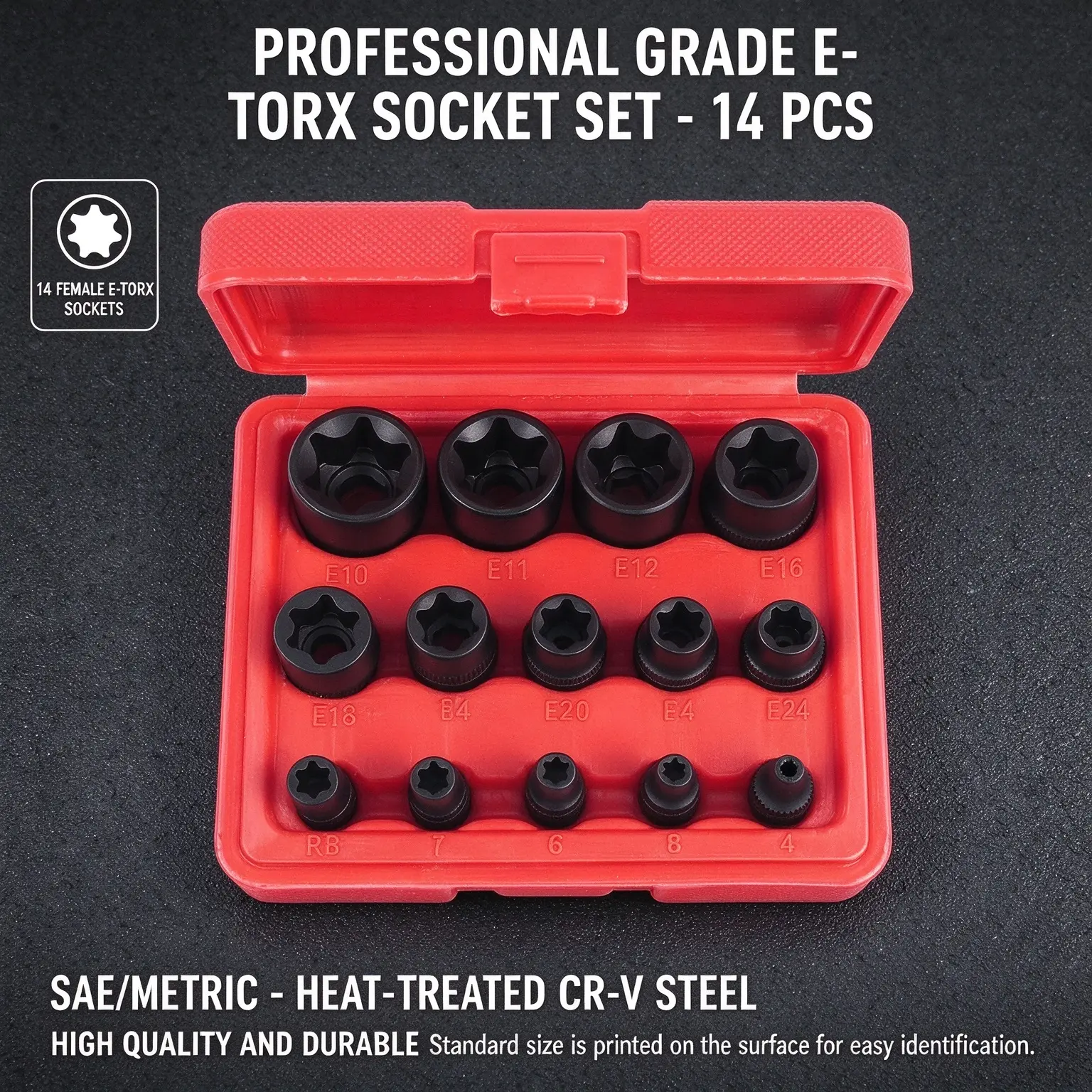 14pcs Female E-Torx Star Socket Set/Rail, 1/4" 3/8" 1/2" Drive, E24 External Torque Socket Set, Ultimate Star Socket Set, Torque Socket Set, External Plum Blossom Socket Set