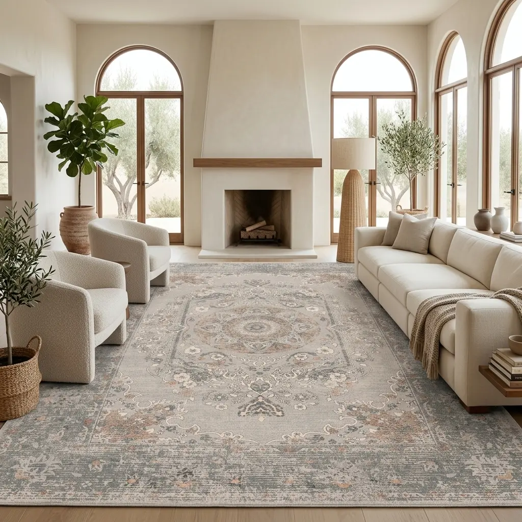 RUGIXE Washable Area Rug 8x10 6x9 5x7 for Living Room, Neutral Boho Vintage Farmhouse Rug, Heavyweight Ultra Soft Faux Cashmere Low Pile Area Rug with Non Slip TPR Backing, Foldable Machine Washable Rug for Bedroom Dining Room