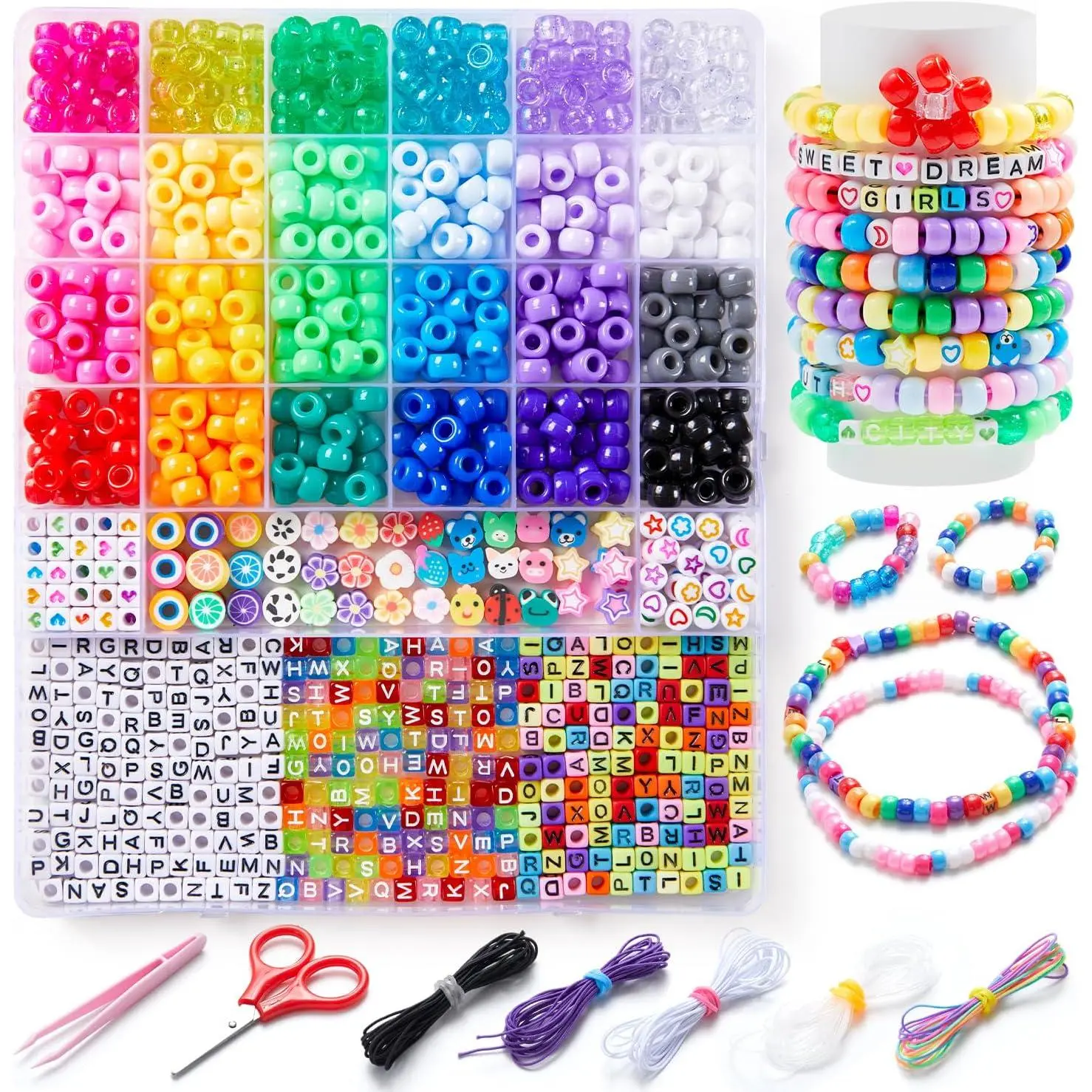 1200-Count Plastic Beaded Jewelry Beginners Kit, 24 Colors Pony Rainbow Kandi Beads with Elastic Strings, DIY Beading Accessories Craft Meaningful Gifts for Girls, Crafting