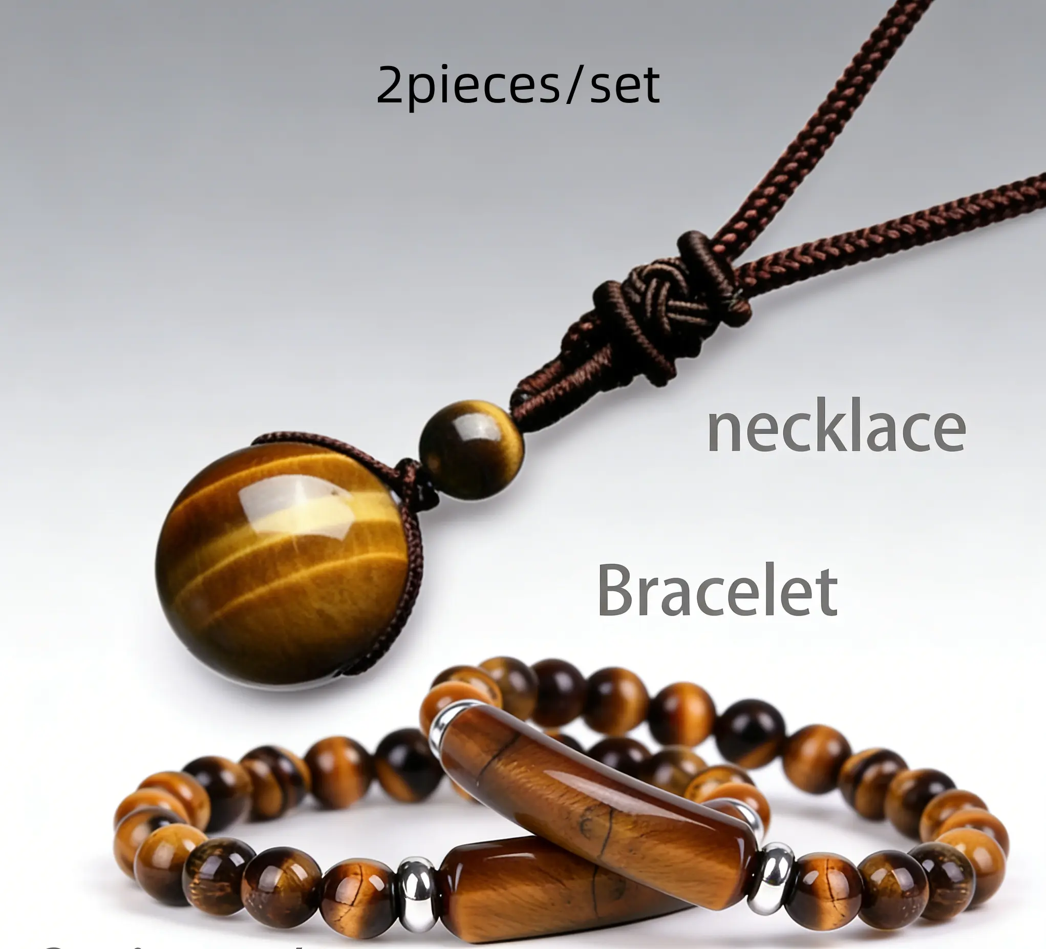 Natural Tiger Eye Beaded Necklace & Adjustable Bracelet Set, Unisex Stretch Jewelry for Chakra Healing, Energy Protection, Yoga & Meditation, Stretch Elastic, 2Pcs/Set