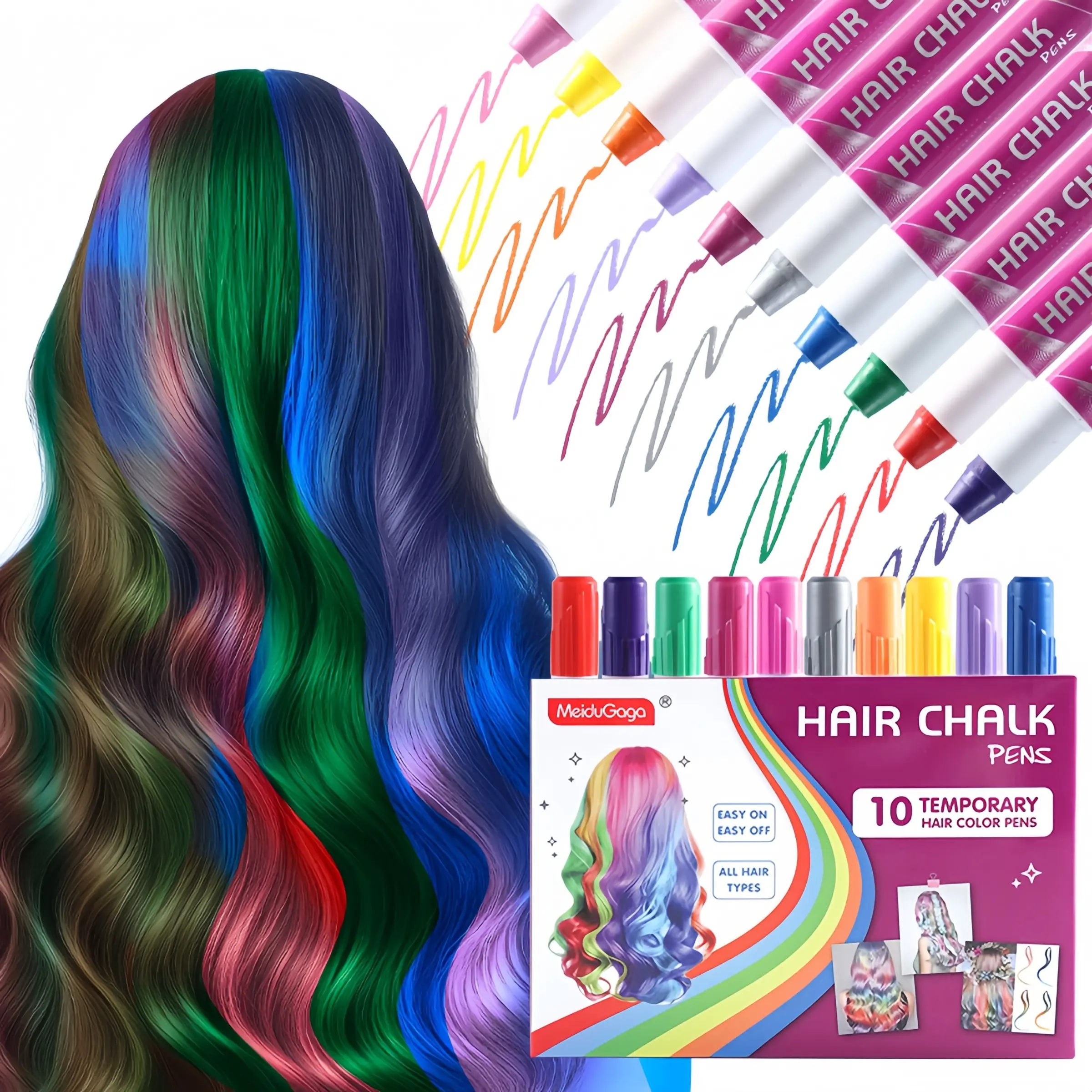 Temporary Hair Dye Pen Set, 10 Colors Non-Toxic Safe Temporary Hair Chalk Sticks, Water-Soluble Hair Color for Parties Halloween Events