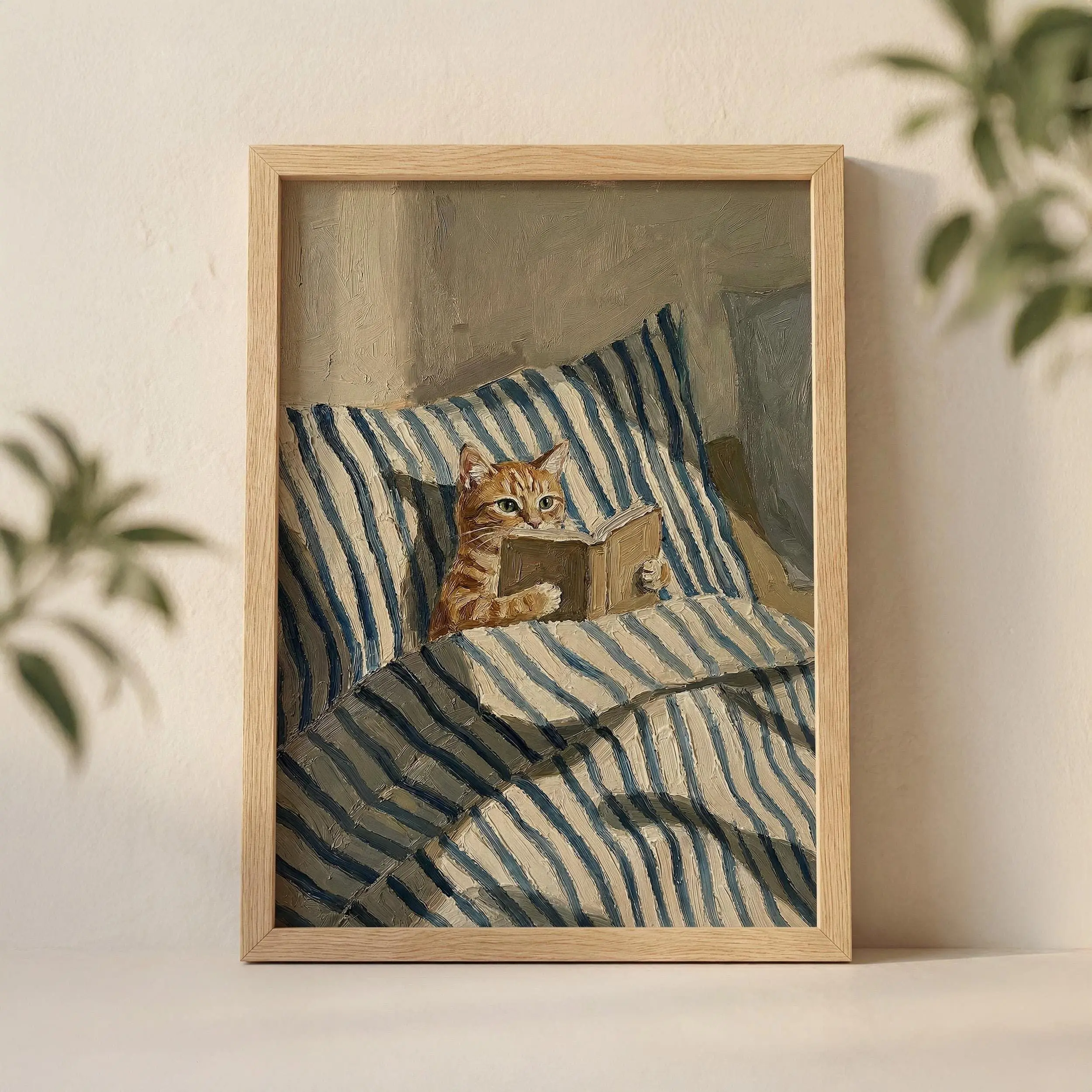 [Unframe Poster] Orange Ginger Cat Reading Book in Bed Wall Art Print, Cozy Tabby Illustration with Striped Pillow and Soft Sunlight