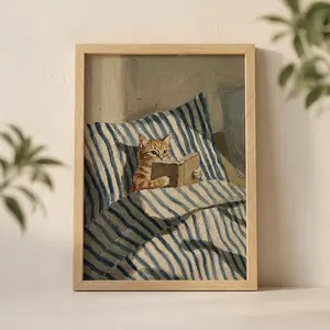 [Unframe Poster] Orange Ginger Cat Reading Book in Bed Wall Art Print, Cozy Tabby Illustration with Striped Pillow and Soft Sunlight