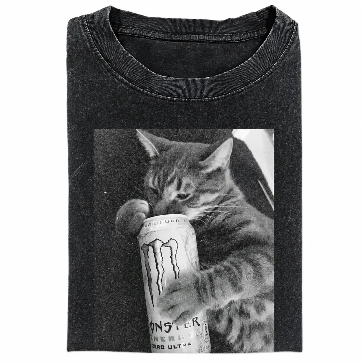 Monster Energy Cat Meme Graphic Tee, Black And White Aesthetic Shirt, Funny Hyper Cat Energy Shirt, Crew Neck T-Shirt, Streetwear Short Sleeve Tshirt, Unisex Menswear Womenswear Top