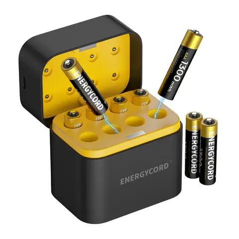 ENERGYCORD 8-Pack AAA Li-Ion Rechargeable Battery Packs with 8-Slot Fast-Charging Charger, 1300mWh High Capacity, 1.5V Constant Output, 1600 Cycles, USB Port Charging Cable for Device Powering