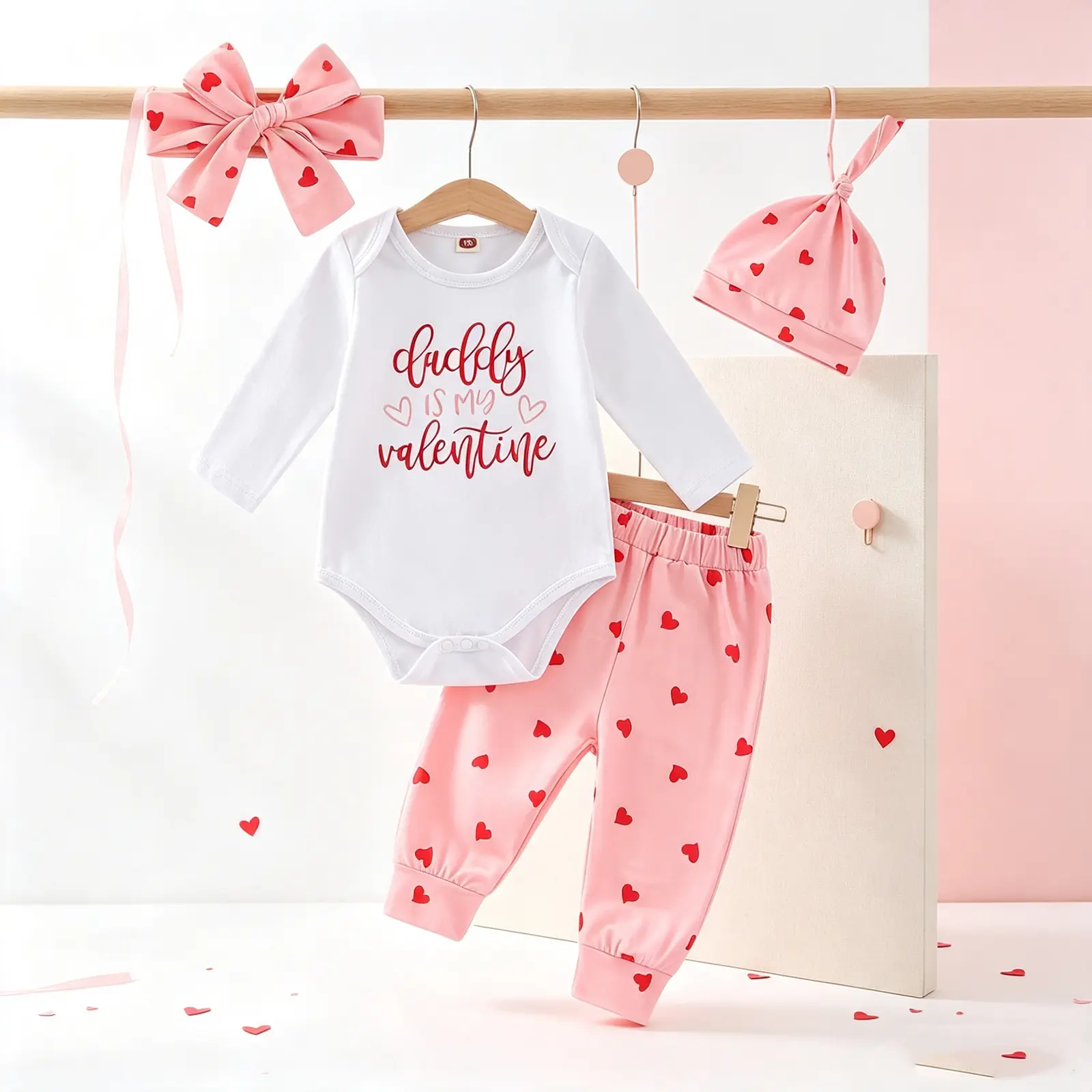 Baby Girls' Valentine's Day 4-Pcs Safe CPSIA Soft Cotton Set Pack, Love Heart Print Long Sleeve Romper with Pants, Hat & Bow Headband
