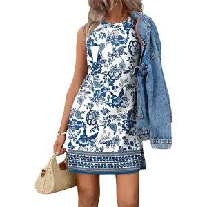 SKIKREMIO Ladies Boho Vacation Tank Dress, Crewneck Sleeveless Casual Dress for Spring & Summer