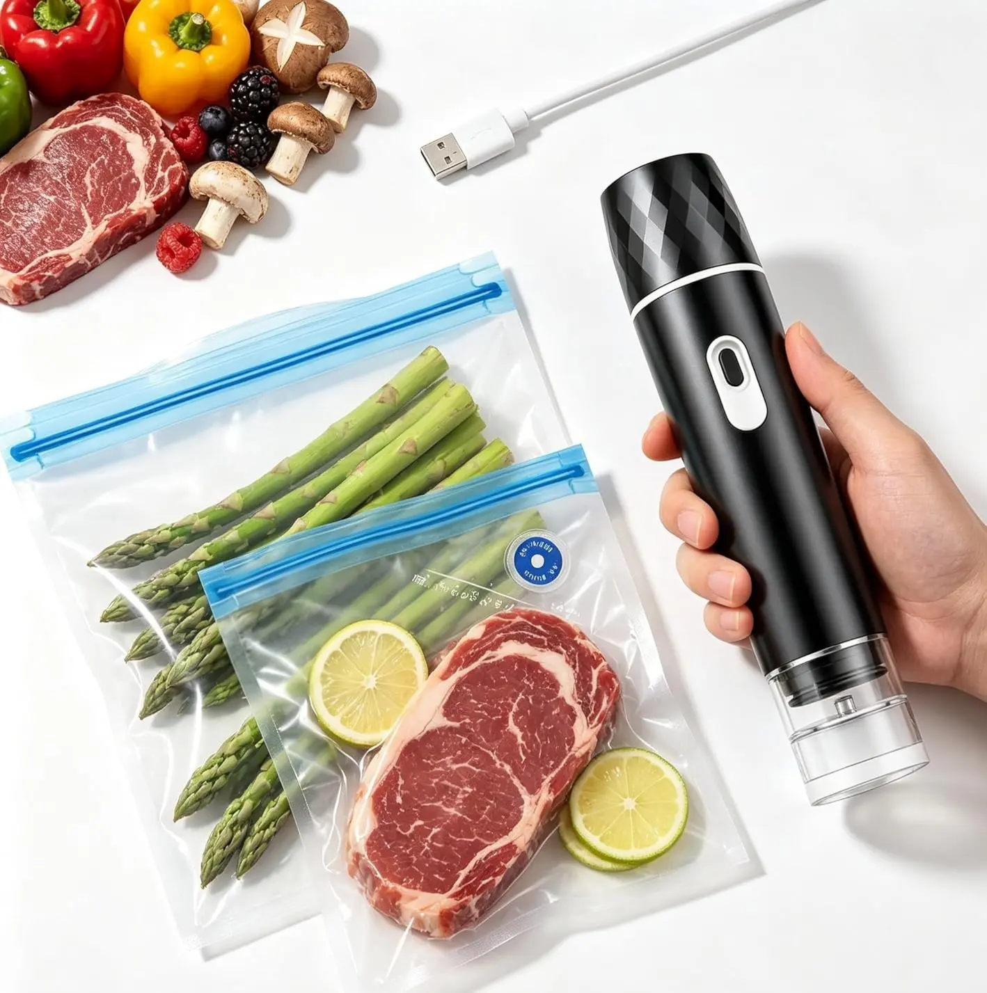 Portable Automatic Vacuum Sealer for Food Storage, 100KPA Handheld Mini Food Saver Machine with 10 Reusable Bags & 2 Sealing Clips, Rechargeable One-Touch Vacuum Pump for Meal Prep, Sous Vide, Camping, Kitchen Organization