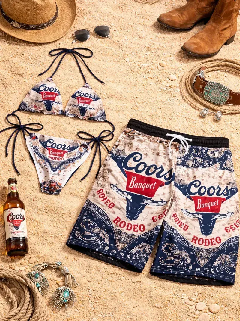 Coors Rodeo Couple Swimwear Set – Matching Bikini & Men’s Beach Shorts, Summer Vacation Beachwear Outfit hot anh love