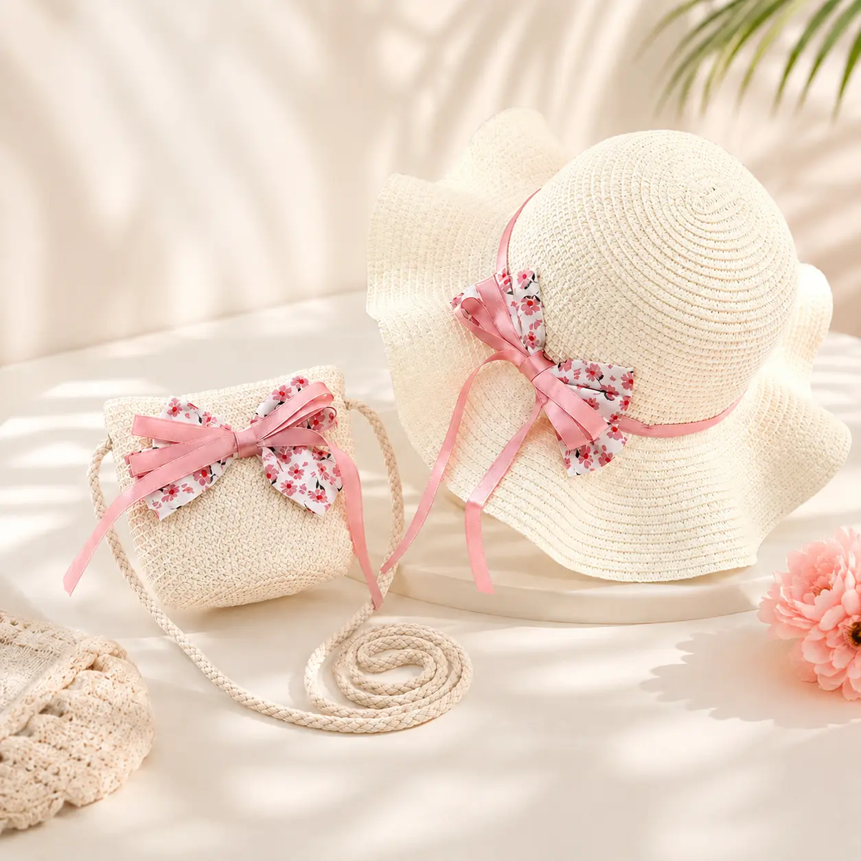 Girls Straw Sun Hat and Purse Set, Toddler Summer Wide Brim Beach Hat with Matching Mini Crossbody Bag, Cute Floral Bow Princess Hat for Vacation, Picnic, Pool, Travel, Outdoor Photos, Kids Fashion Accessories, summerwins