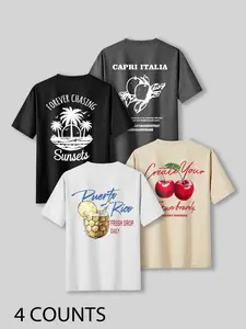 Men's Vacation Style Short Sleeve T-Shirt Set, Summer Print Round Neck, Casual Beach Holiday Essential, Fitted Long Clothing