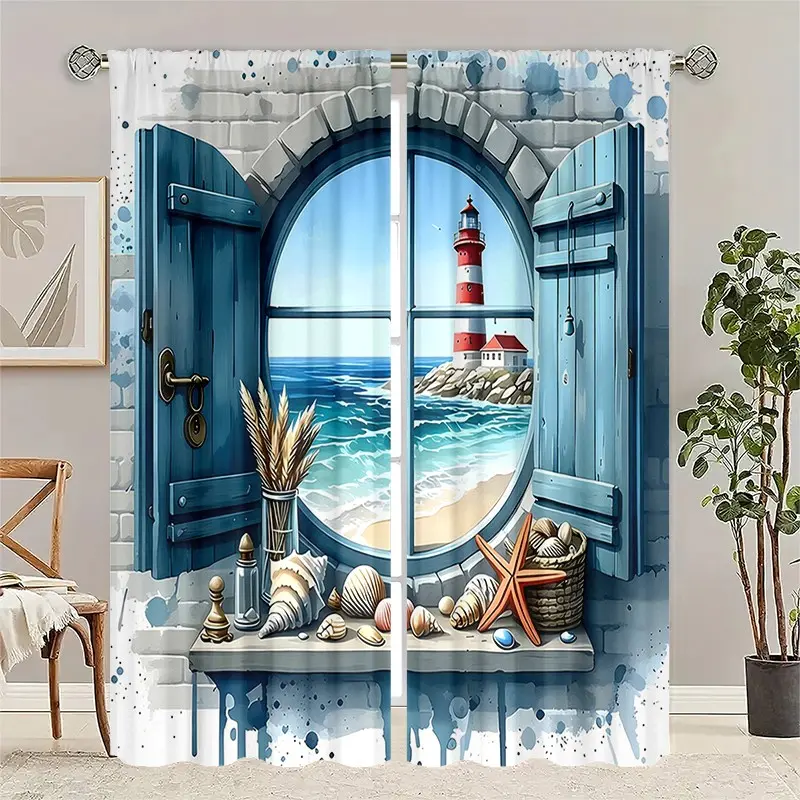 2 pieces of sea view lighthouse printed ready made curtains, Window Drapes, semi-transparent for privacy protection, fade-resistant, machine washable and hand washable, suitable for bedroom and living room home decoration
