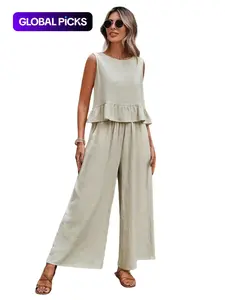 Women's Solid Color Tank Top & Wide Leg Pants, Minimalist Casual Fashion Cozy Clothing Set for Daily Outdoor Wear, Ladies Clothes for Summer, Suits, Basic Womenswear, Casual Lounge Set