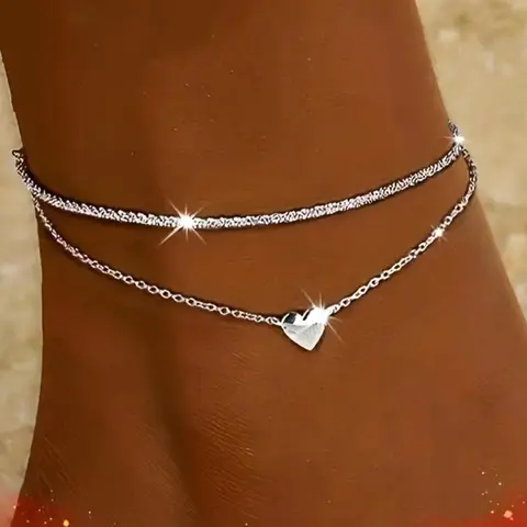 Double-Layer Heart Anklet for Women and Girls, Dainty Layered Bracelet Jewelry, Cute Birthday Gift Fashionable Accessory, Fashionable Jewelry Accessories, Trendy Fashionable Accessories