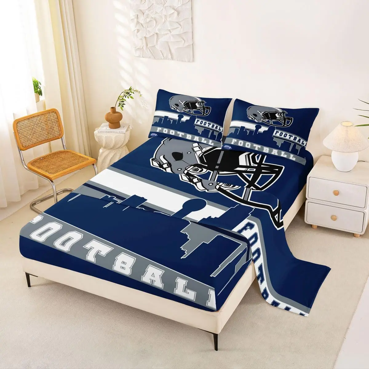 Football City Bed Sheets Set American Football Sheet Set Blue Rugby Game Sheets Football Fans Bedroom Decor Sports Ball Competition Flat Fitted Sheet(Dallas)