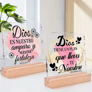 1pc/2pcs Christian Gift, Spanish Bible Verse Acrylic Plaque Sign with Wooden Stand for Home Bedroom Office Desktop Centerpiece, Home Office Decoration, Decorative Plaque, Christmas Gift