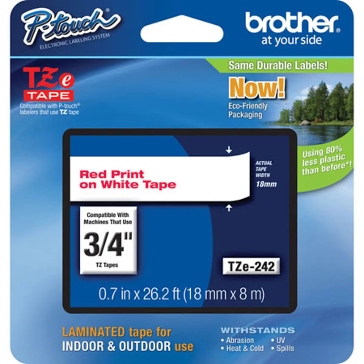 Brother TZe242 18mm (0.7") Red on White Tape for P-Touch, 26.2' Tape Length