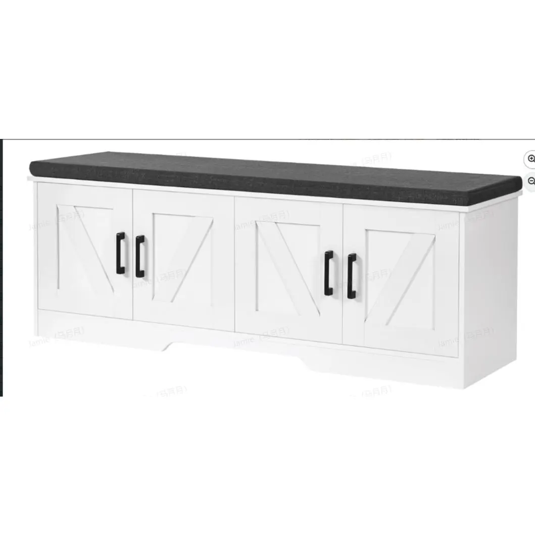 Wooden Shoe Storage Cabinet Bench with Padded Cushion Seat, 4-Door Farmhouse Design with X-Panel Doors, Spacious Hidden Storage for Shoes and Accessories, White Finish with Black Hardware, Perfect for Entryway Hallway Living Room and Mudroom Organization