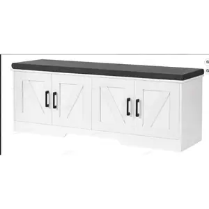 Wooden Shoe Storage Cabinet Bench with Padded Cushion Seat, 4-Door Farmhouse Design with X-Panel Doors, Spacious Hidden Storage for Shoes and Accessories, White Finish with Black Hardware, Perfect for Entryway Hallway Living Room and Mudroom Organization