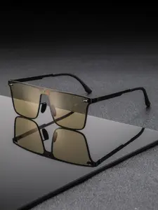 Men's Metal Shield Flat Top Lens, Simple Unique Trendy Casual Style, Fashion Glasses for Daily Commute Driving Outdoor Hiking