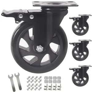 5 Inch Swivel Caster Wheels Set of 4 Heavy Duty Casters with Brake Polyurethane Locking Casters for Cart Workbench Trolley Load 2200lbs Black Two Hardware Kits