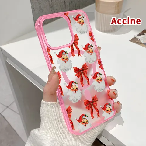 Santa Bow Pattern Magnetic Acrylic Slim Silicone Phone Case, Fits iPhone 17,16,15,14 Pro Max,14 Pro,13,12,11,XR,XS,E,Plus, Anti-Drop Shockproof Protector, Works with All Wireless Chargers, Smartphone Accessory