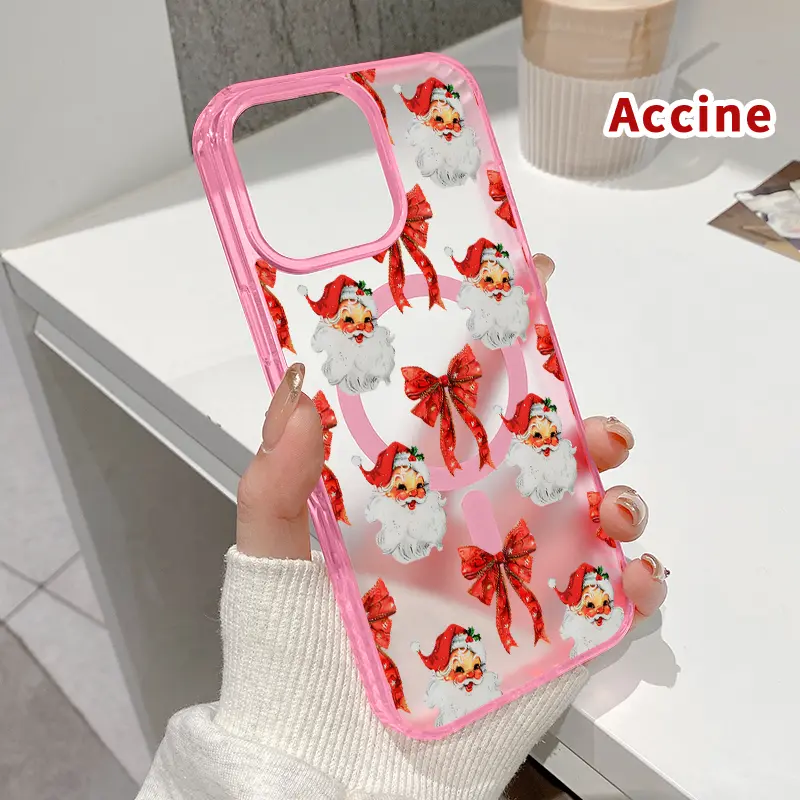 Santa Bow Pattern Magnetic Acrylic Slim Silicone Phone Case, Fits iPhone 17,16,15,14 Pro Max,14 Pro,13,12,11,XR,XS,E,Plus, Anti-Drop Shockproof Protector, Works with All Wireless Chargers, Smartphone Accessory