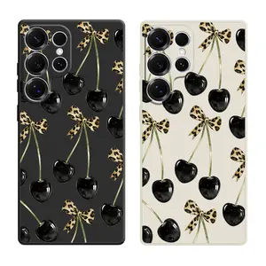 Black Cherry Leopard Print Bow Pattern Phone Cases For Samsung Galaxy S26 Ultra S25 Edge S24 Plus S23 FE S22 S21 Shockproof TPU Soft Liquid Silicone Cellphone Casing Cover With Lanyard Button