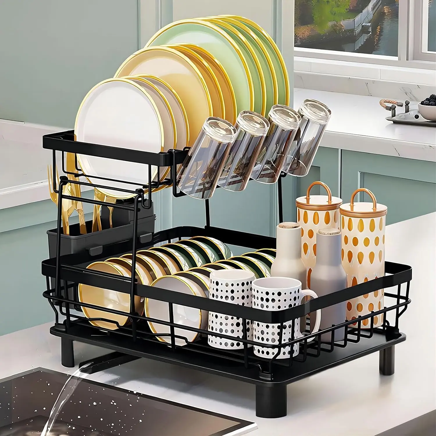 2-Tier Durable Metal Dish Drying Rack for Kitchen Counter - Home Organizer with Integrated Knife, Cup, Utensil Storage for Storage Organization