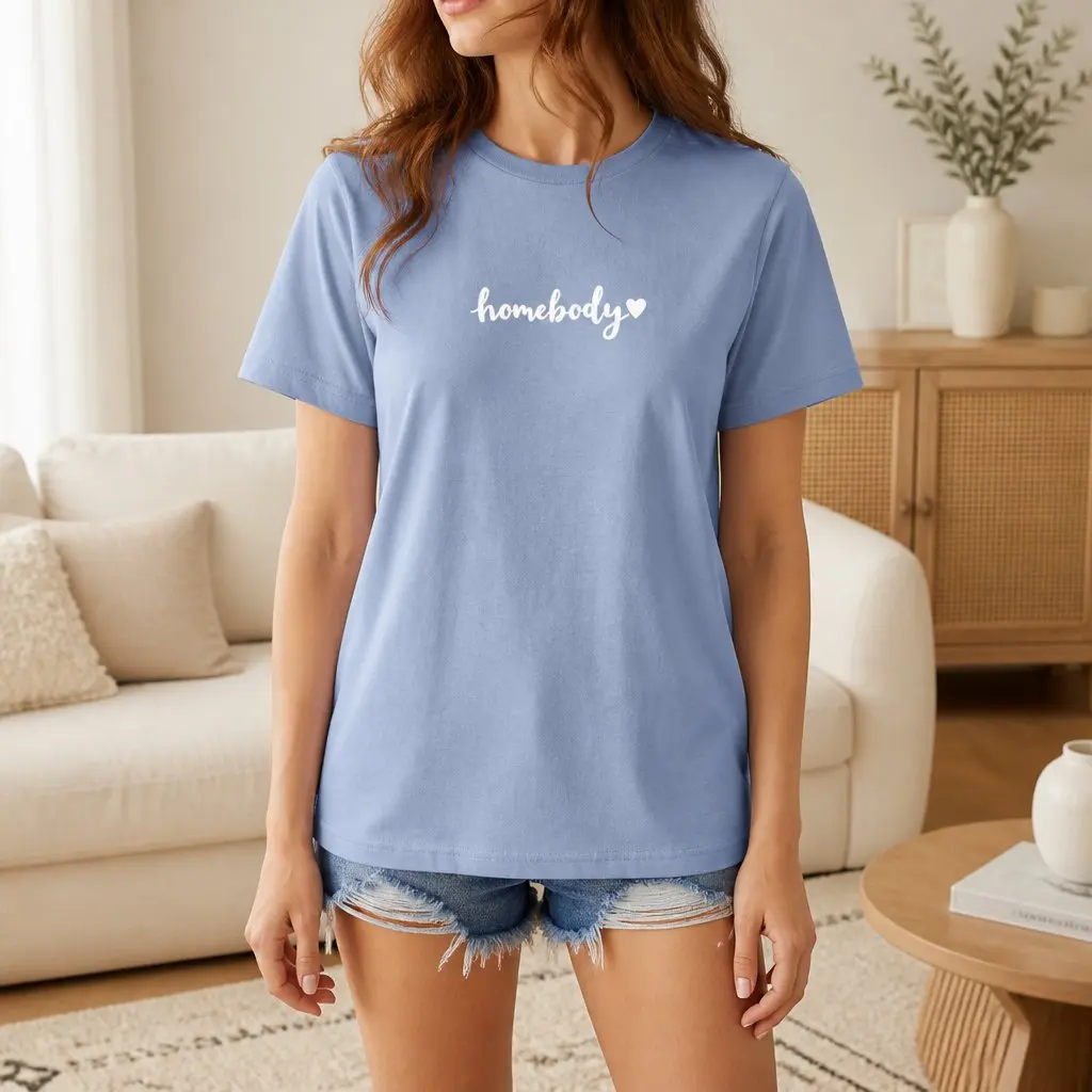 Minimal Blush Thin Line Script Homebody Text Print Women Premium Tee, Soft 100% Cotton Loose Crew Neck Short Sleeve Shirt, Gentle Right Side Tiny Heart Accent Aesthetic Graphic Top for Daily Casual Home Loungewear