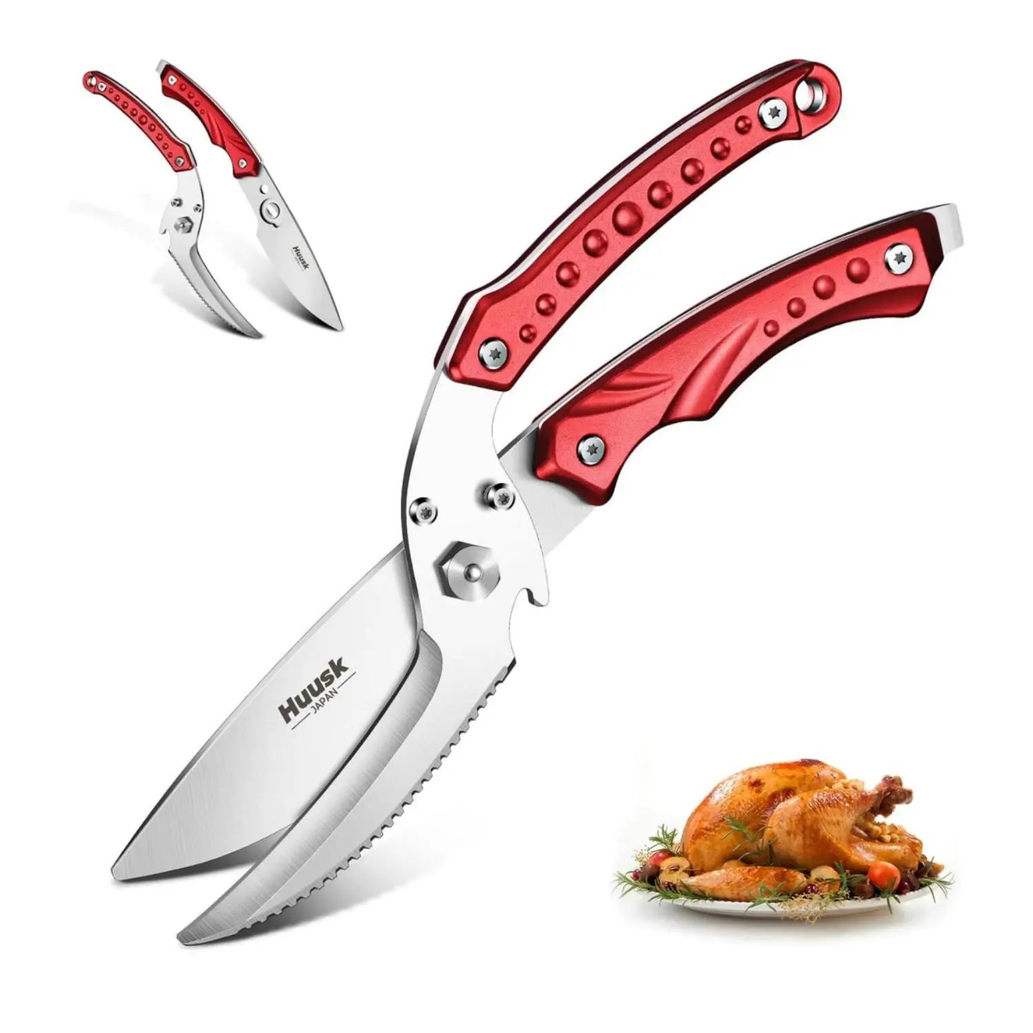 Huusk Kitchen Scissors All Purpose Detachable Poultry Shears with Serrated Edge Heavy Duty Cooking Scissors for Chicken Bone Turkey Fish Burgundy