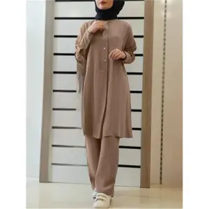 In-Stock H728 #     Muslim Women's New Solid Color Two-Piece Shirt and Pants Set, Casual Loose Fit Outfit Tunic Modest