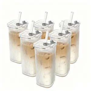 6 Pack 13oz Ribbed Glass Tumbler with Lid and Straw, Iced Coffee Cup Set, Boba Aesthetic Drinking Mug, Coffee Glasses for Matcha Smoothie Juice Tea Latte Cappuccino Cocktail