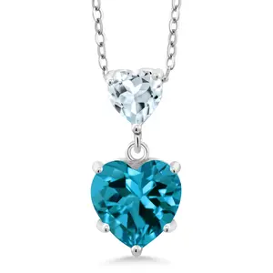 2.48 Cttw 925 Sterling Silver London Blue Topaz and Sky Blue Aquamarine Double Heart Pendant Necklace for Women | Heart 8MM and 5MM | With 18 Inch Silver Chain