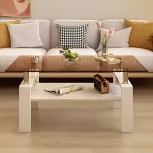 ARCH Rectangle Coffee Table, Tempered Glass Tabletop with MDF Layer, Modern Table for Living Room , Brown Glass    RR
