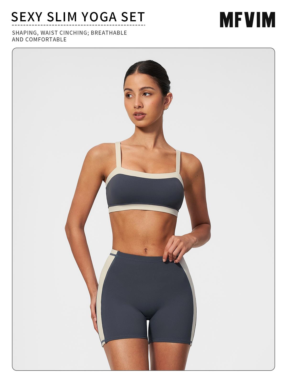 MFVIM Women’s slimming slim-fit color-block fitness set: square-neck thin-strap sports tank top with a beautiful back design, high-waisted tummy control and butt-lifting three-inch yoga shorts set,travel essentials,camping essentials
