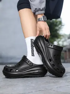 Unisex Black Mecha-Style Thick-Soled Clogs: Dual-Wear Toe-Cap, Summer Beach Slides, Summer Slippers