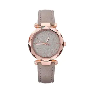 Rose gold shining dial ladies quartz watch gray leather strap fashion trend watch female business casual all-match watch