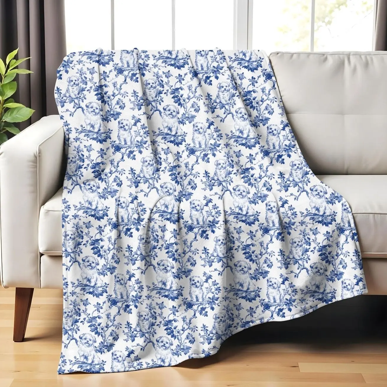 Maltese Blue French Toile Blanket, Blue Toile Throw Blanket for Maltese Lovers, Dog Toile de Jouy Gift, French Country Cozy Plush Blanket